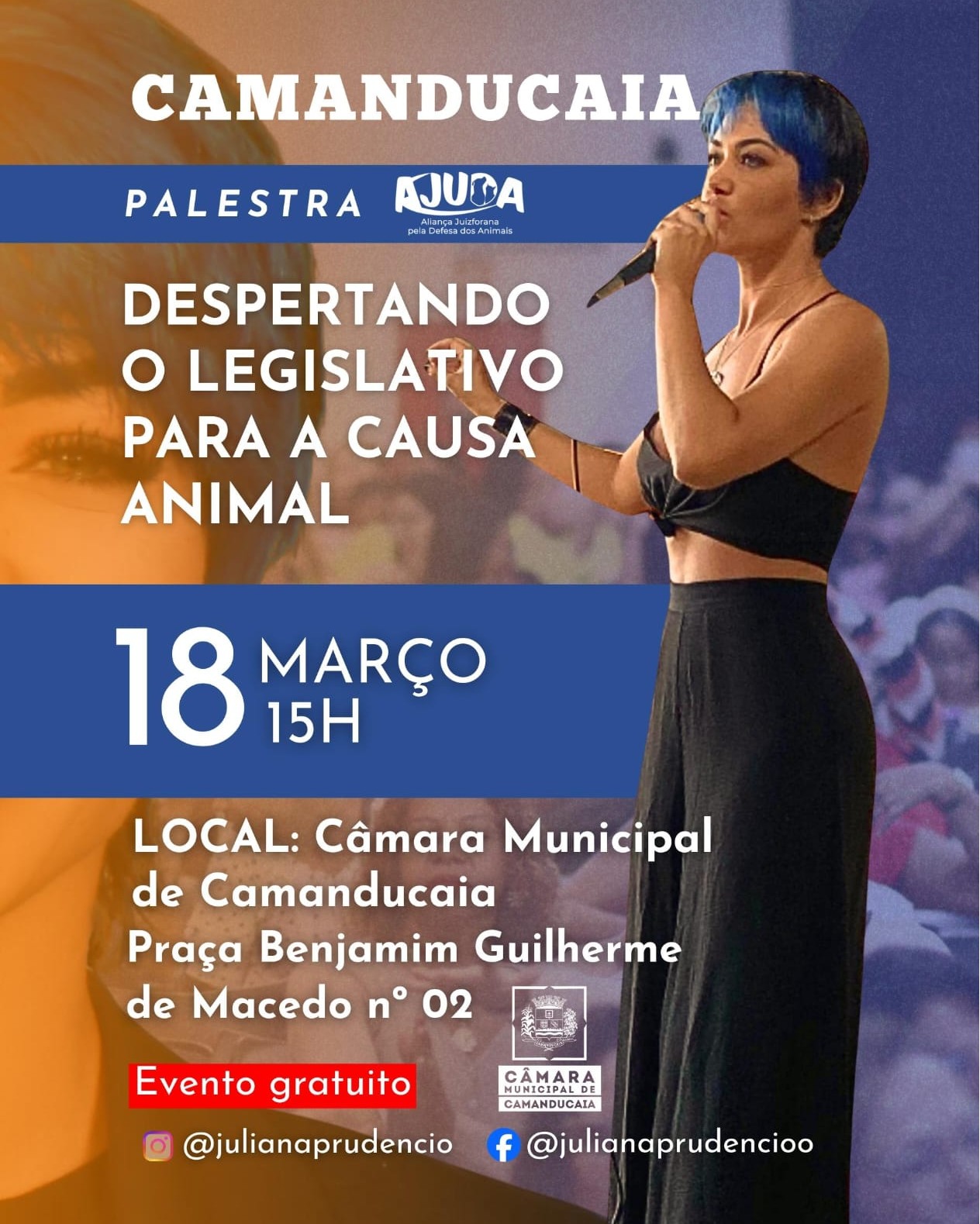 Photo shared by Câmara Municipal de Camanducaia on March 16, 2026 tagging @julianaprudencio, @gio.caldeiras, @enfshirley, @serginhovargasjunior, @dudemonteverde, @rodrigaocamanducaia, @rodrigomessiasmg, @ailton_sousa_8, @gilmarpereira2006, @rodrigomessiasmg22, @reginaldo_oliveira259, @valdir_d85, @leandrodojaguary, and @ashirleyenfermeira. May be an image of poster and text that says 'CAMANDUCAIA PALESTRA AJUDA pesCehuandasAcimak DESPERTANDO O LEGISLATIVO PARA A CAUSA ANIMAL 18 MARÇO 15H LOCAL: Câmara Municipal de Camanducaia Praça Benjamim Guilherme de Macedo n° 02 Evento gratuito CAMARA CAMARA HUNICIPALD HUNICIPAL CAHANDUCAIA @julianaprudencio @julianaprudencioo'.